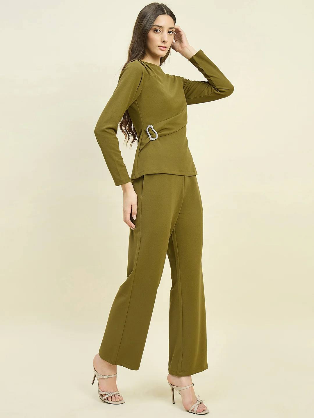 Madame Solid Olive Top with Buckle Accent - Image 5
