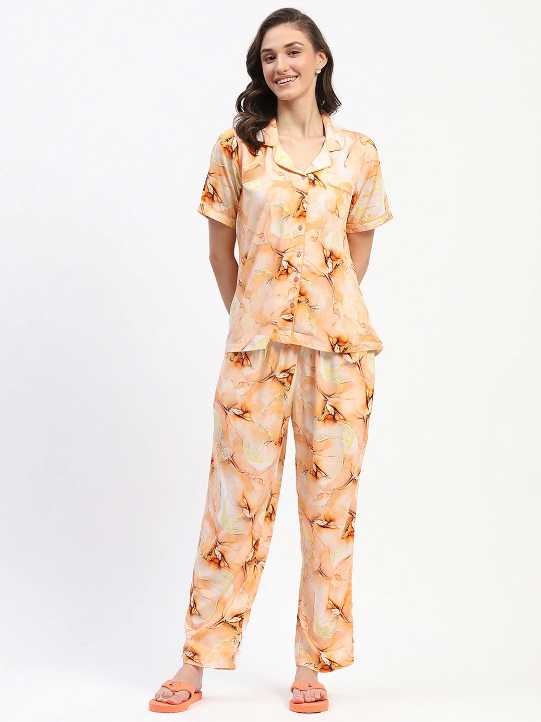 mSECRET Orange Marble Print Short Sleeve Night Suit Set - Image 3