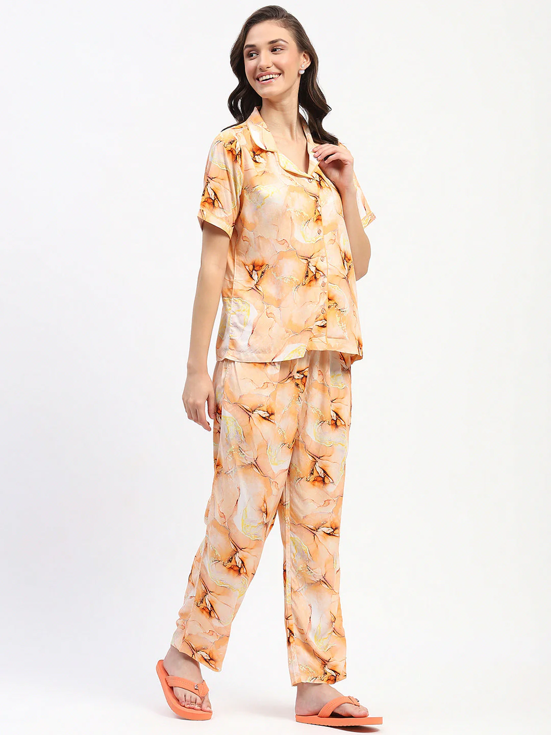 mSECRET Orange Marble Print Short Sleeve Night Suit Set - Image 4