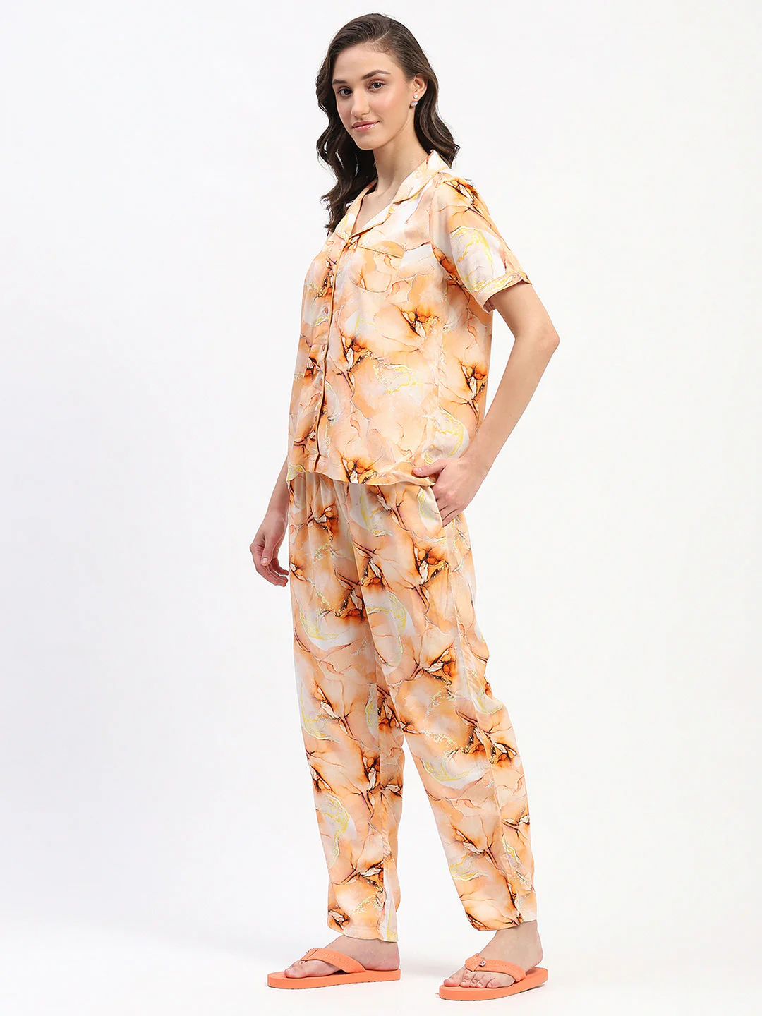 mSECRET Orange Marble Print Short Sleeve Night Suit Set - Image 5