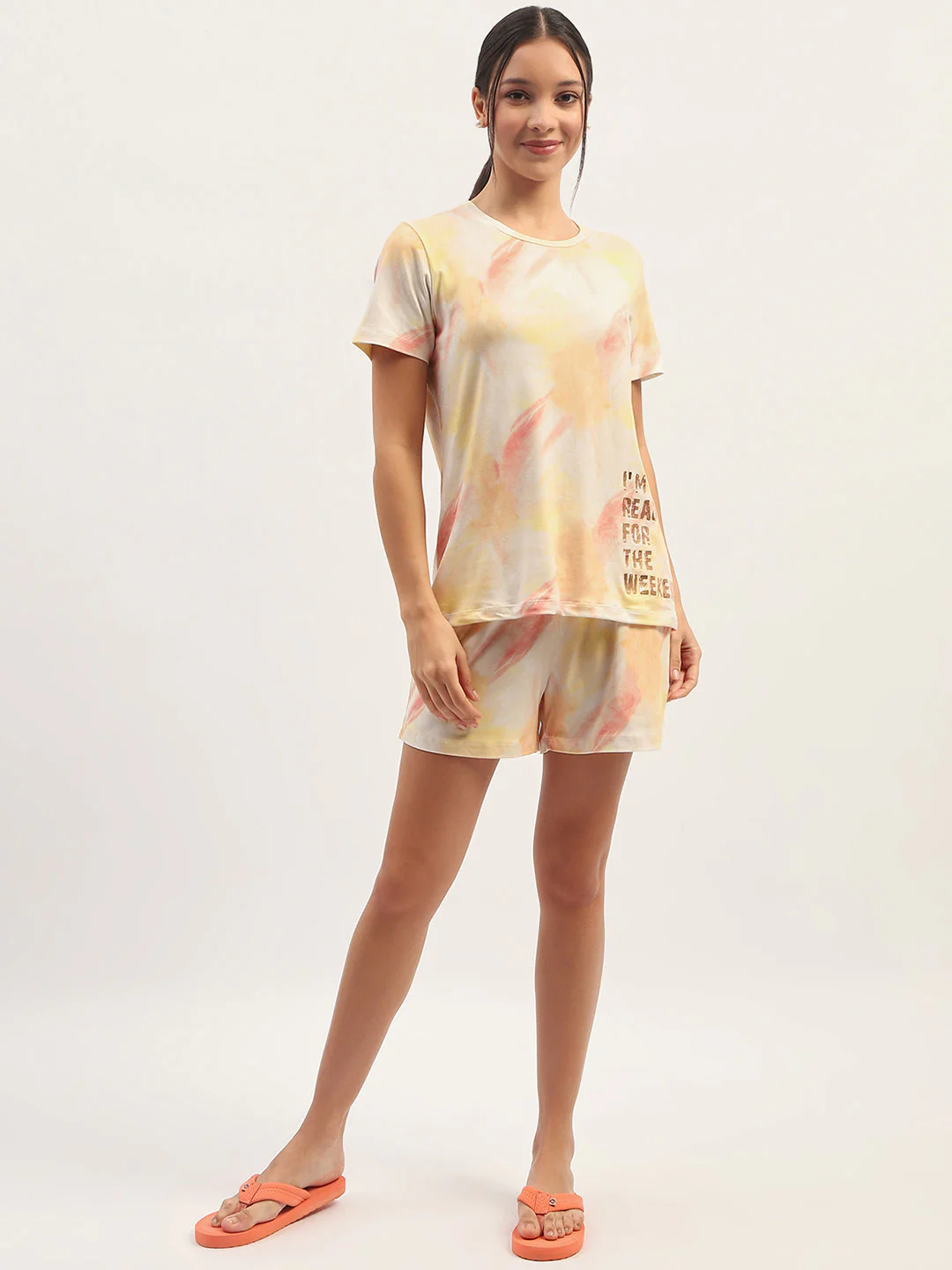 mSECRET Typography Detailing Yellow Top with Printed Pyjama and Shorts - Image 3