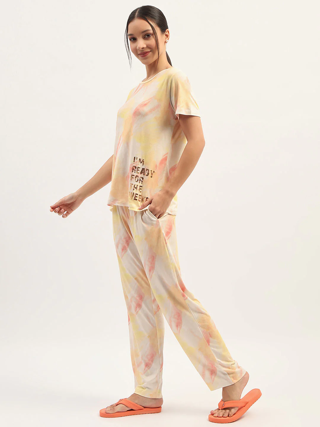 mSECRET Typography Detailing Yellow Top with Printed Pyjama and Shorts - Image 5