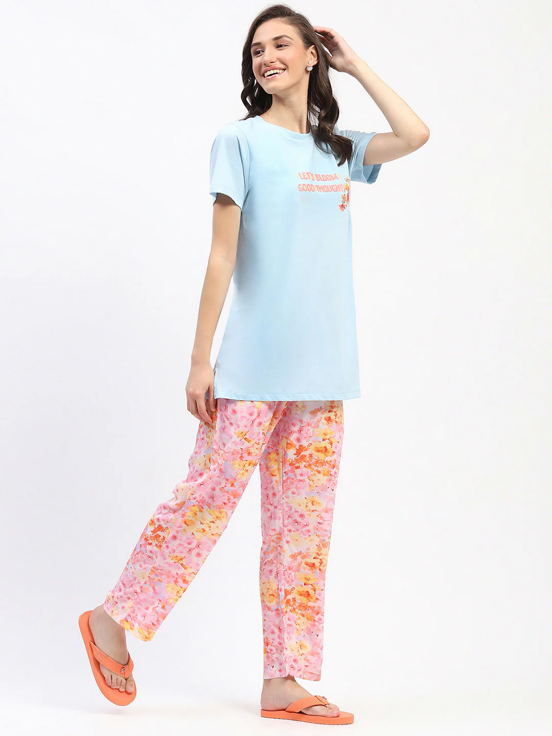 mSECRET Typography Adorned Sky Blue T-shirt with Floral Print Pyjama Nightsuit Set - Image 4