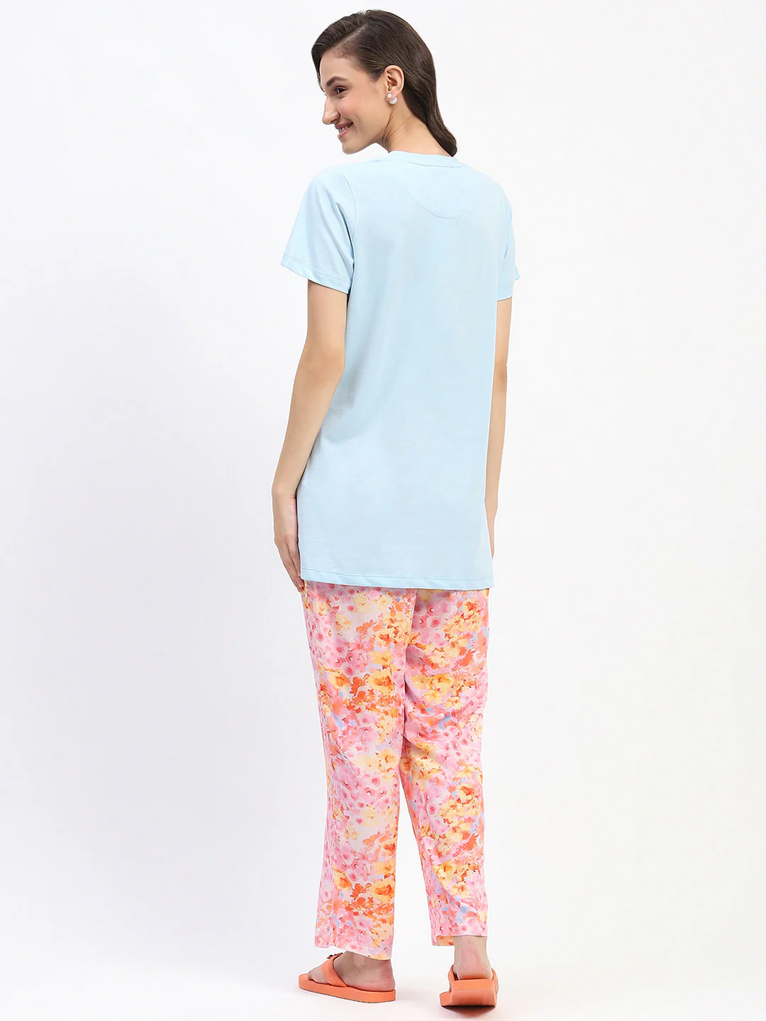 mSECRET Typography Adorned Sky Blue T-shirt with Floral Print Pyjama Nightsuit Set - Image 6