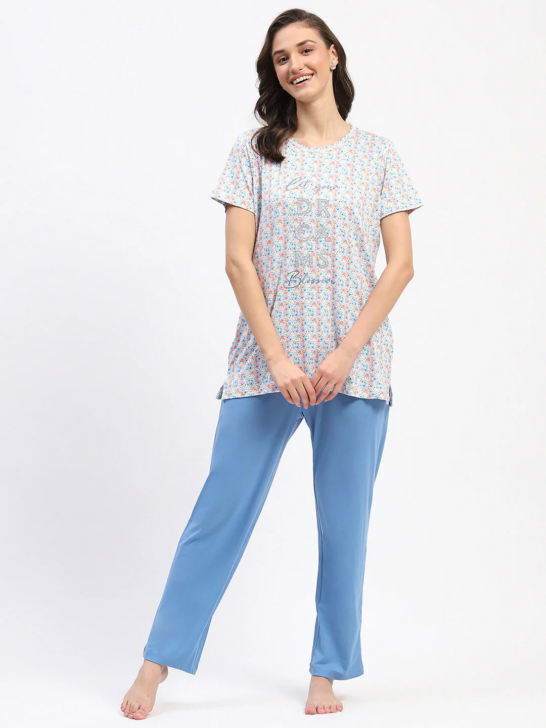 mSECRET Embellished Floral Typography Printed Blue Night Suit - Image 3