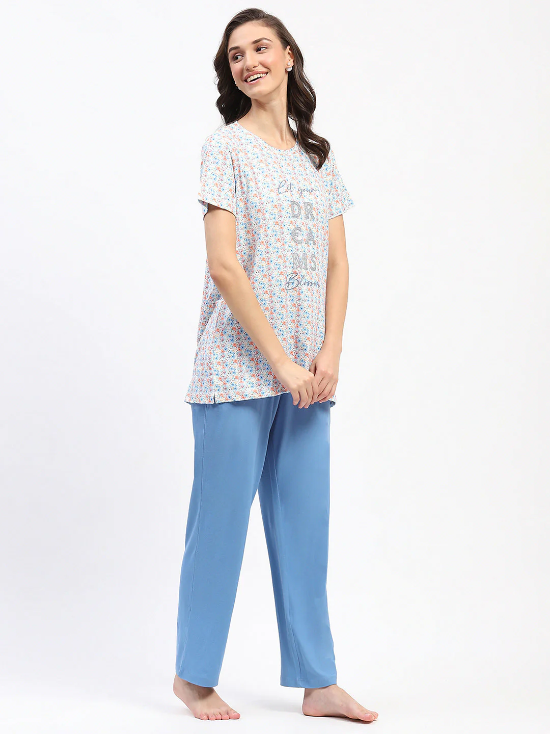 mSECRET Embellished Floral Typography Printed Blue Night Suit - Image 4