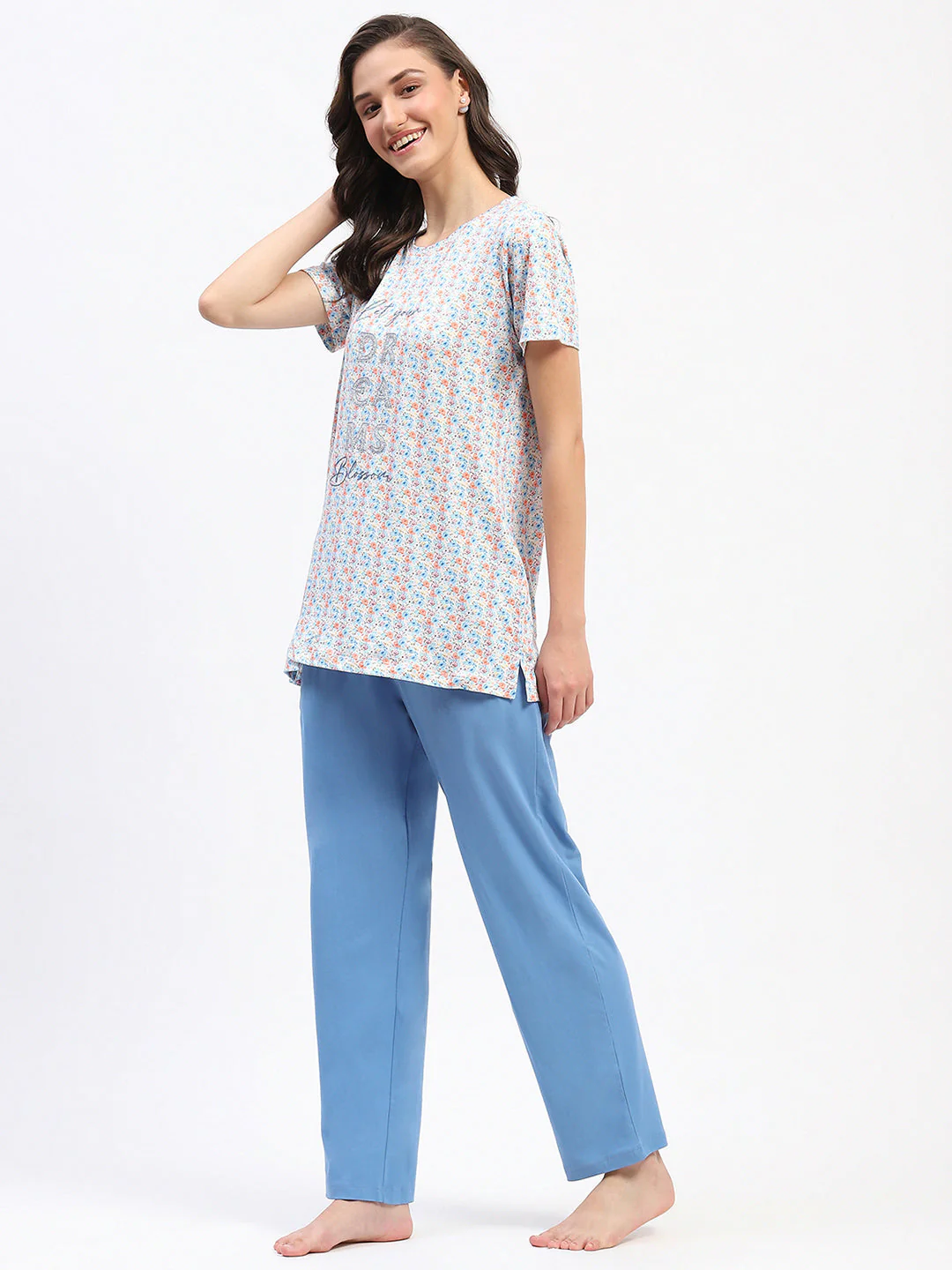 mSECRET Embellished Floral Typography Printed Blue Night Suit - Image 5